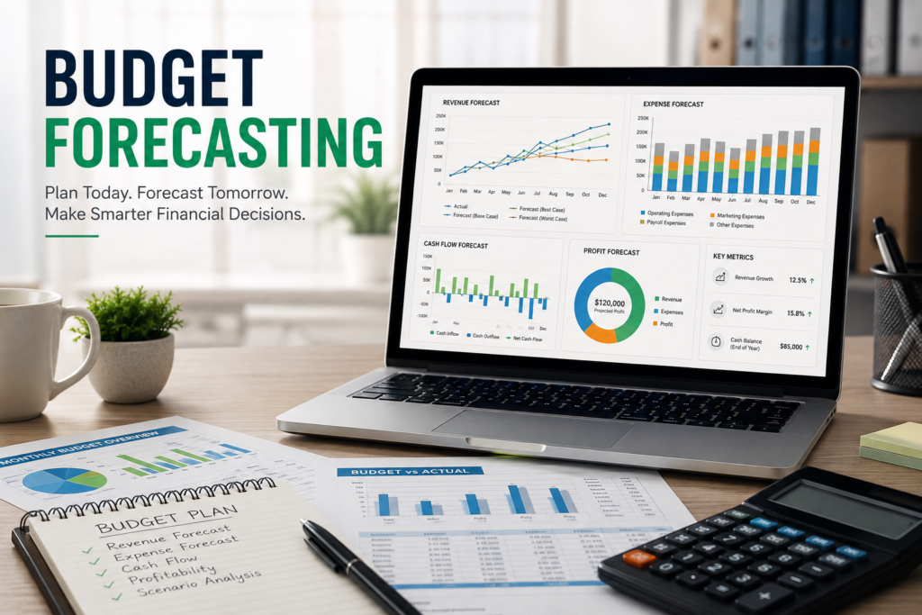 Budget forecasting dashboard showing revenue expenses cash flow and financial planning